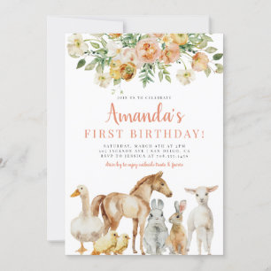 Barnyard Farm Animals Girl Floral Peach Geburtstag Einladung