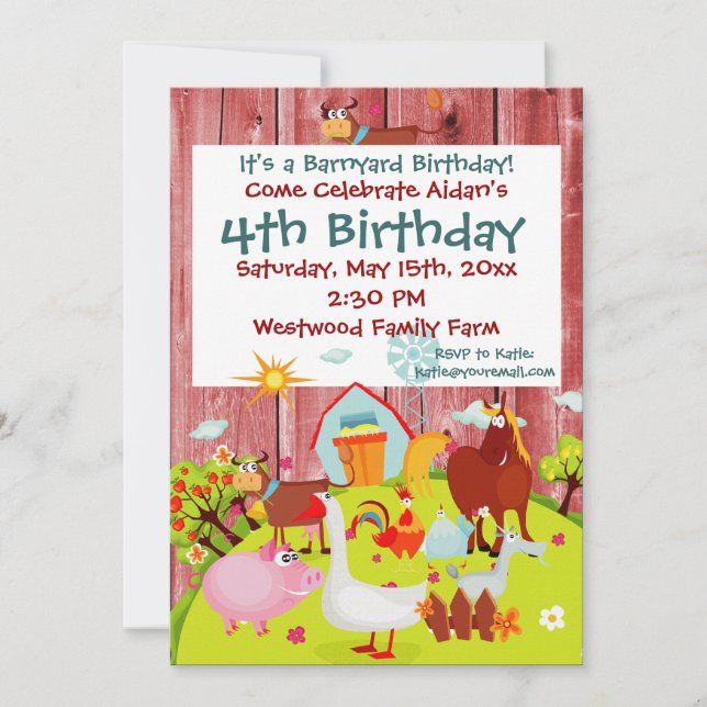 Barnyard Farm Animaux Red Wood Invitation Annivers (Devant)