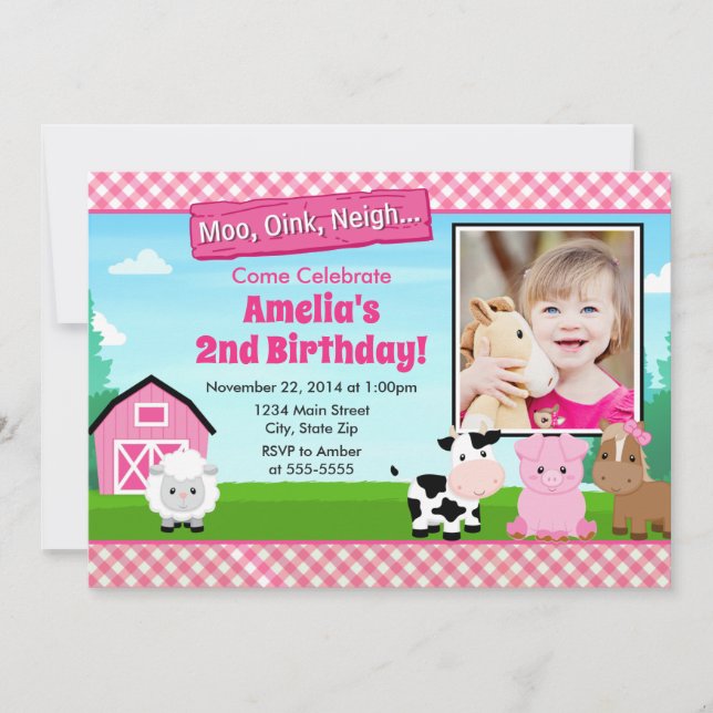 Barnyard Farm Anniversaire Invitation fille rose (Devant)