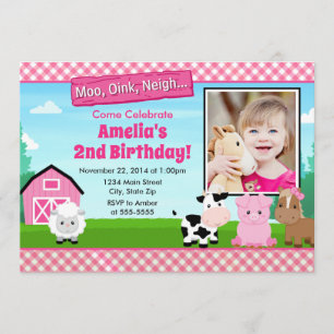 Barnyard Farm Anniversaire Invitation fille rose
