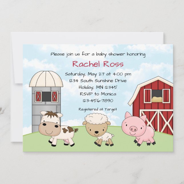 Barnyard Farm Baby Shower Einladungen (Vorderseite)