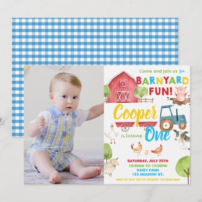 Barnyard Fun Boy Birthday Party Farm Animals Foto Einladung (Vorne/Hinten)