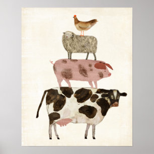 Barnyard-Knospen - Kuh, Schwein, Schafe und Henne Poster