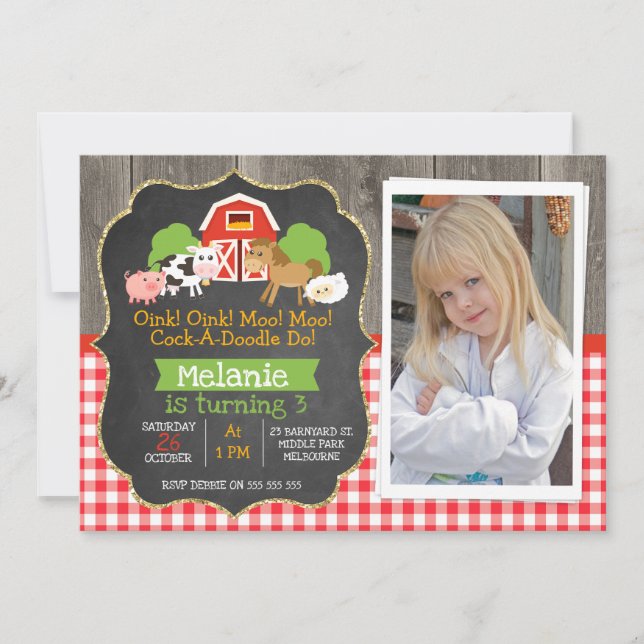 Barnyard Part Chalkboard Photo Invitation d'annive (Devant)