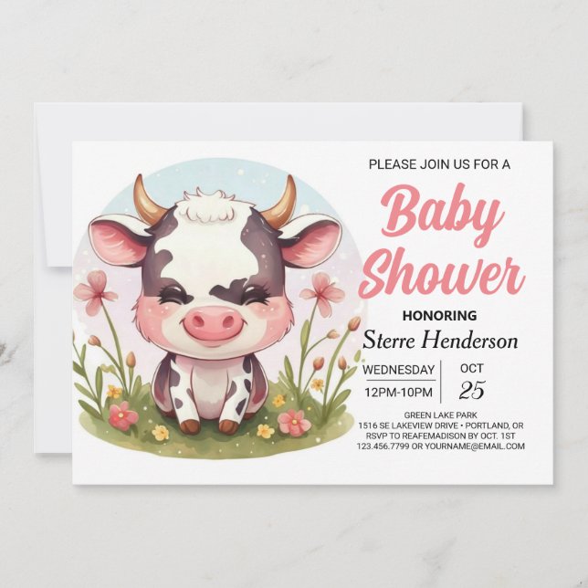 Barnyard Pastel Modern Cow Baby Dusche Einladung (Vorderseite)