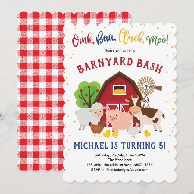 Barnyard, Petting Zoo, Landtiere, Geburtstag Einladung (Vorne/Hinten)