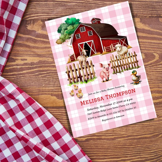 Barnyard Pink Kariert Farm Animals Baby Shower Gir Einladung (Von Creator hochgeladen)