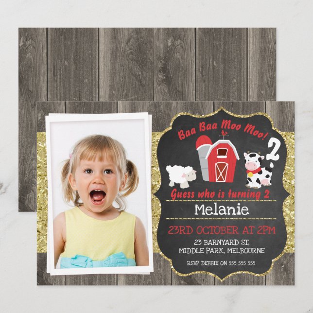 Barnyard Wood Chalkboard Foto Geburtstag Einladung (Vorne/Hinten)