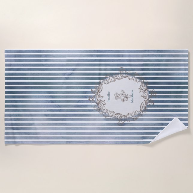 Barock Blaugraue Wasserfarbe Streifen Strandtuch (Vorderseite)