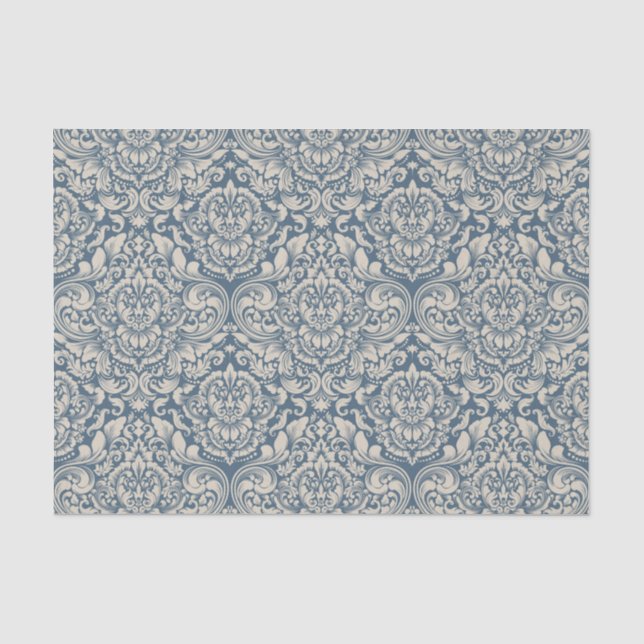 Barock Blue Damask Brocade auf White Decoupage Seidenpapier (Vorderseite)