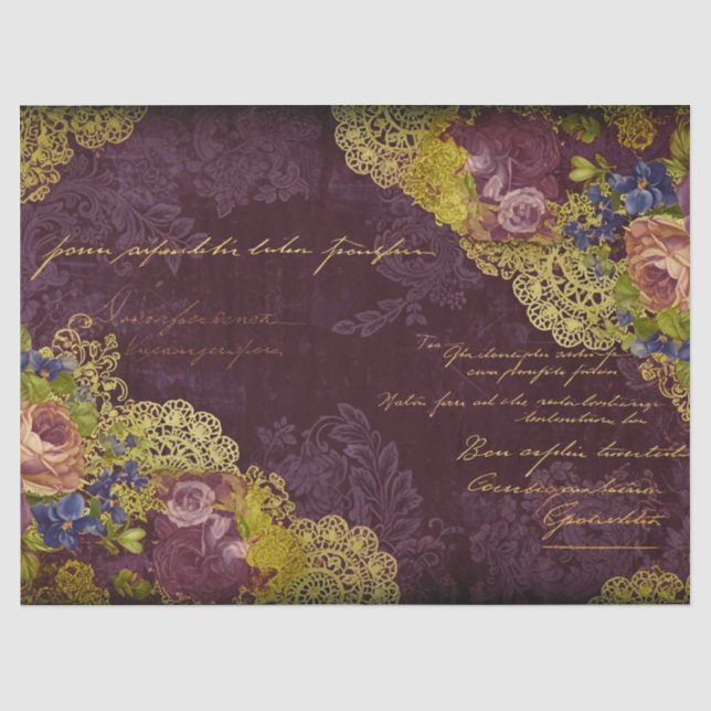 Barock Burgundy Blooms & Gold Spritzer Decoupage Seidenpapier (Vorderseite)