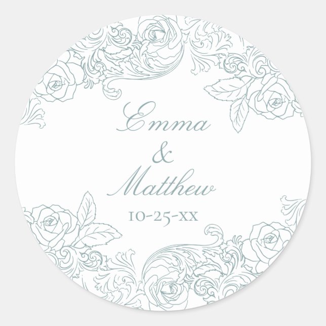 Barock Circular Dusty Blue Wedding Logo Runder Aufkleber (Vorderseite)