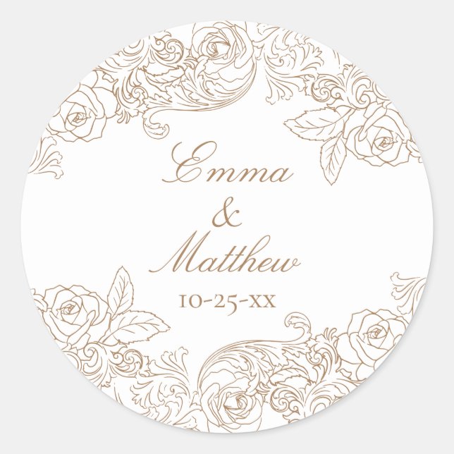 Barock Circular Golden Brown Wedding Logo Runder Aufkleber (Vorderseite)