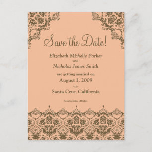 Barock Damask Orange Spitze Save the Date Postkart Ankündigungspostkarte