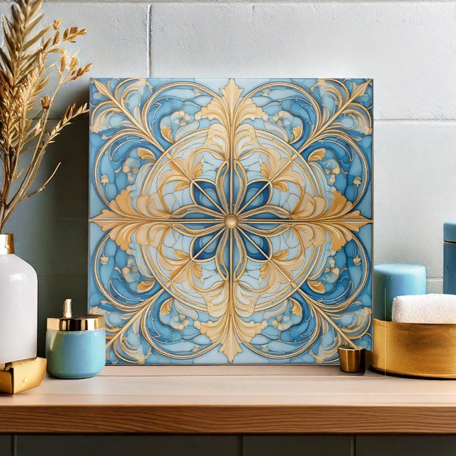 Barock Floral Tile Pat#19 Aqua Blue Gold ID1078 Fliese (Von Creator hochgeladen)