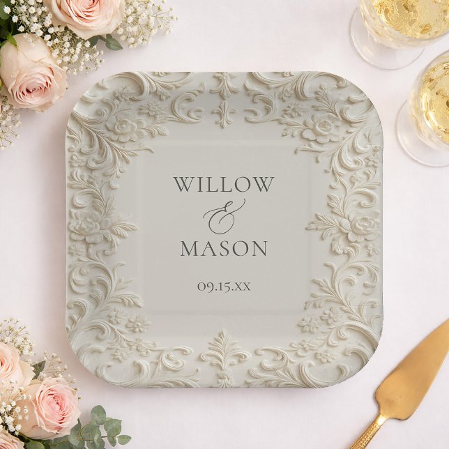 Barock geprägter Stil Scrollen Blumen Hochzeit Pappteller (Baroque Embossed Style Scroll Floral Wedding Paper Plates)