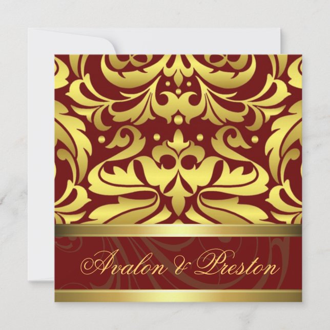 Barock-Hochzeitsfeier in Red & Gold Damask Einladu Einladung (Vorderseite)