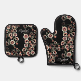 Barock Inspiriert Botanische Weichpinke und Grüntö Ofenhandschuh & Topflappen-Set