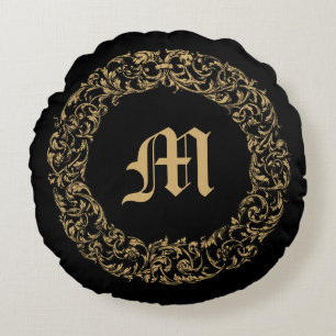 Barock-Rokokó-Blumenkranz-Monogramm-Druck Rundes Kissen