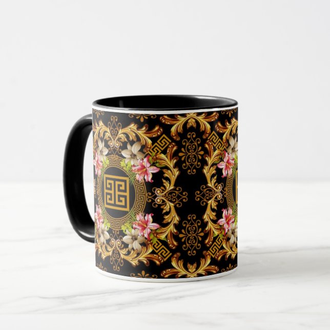Barock-Schwarz-Gold-Rosa Tasse (Vorderseite Links)