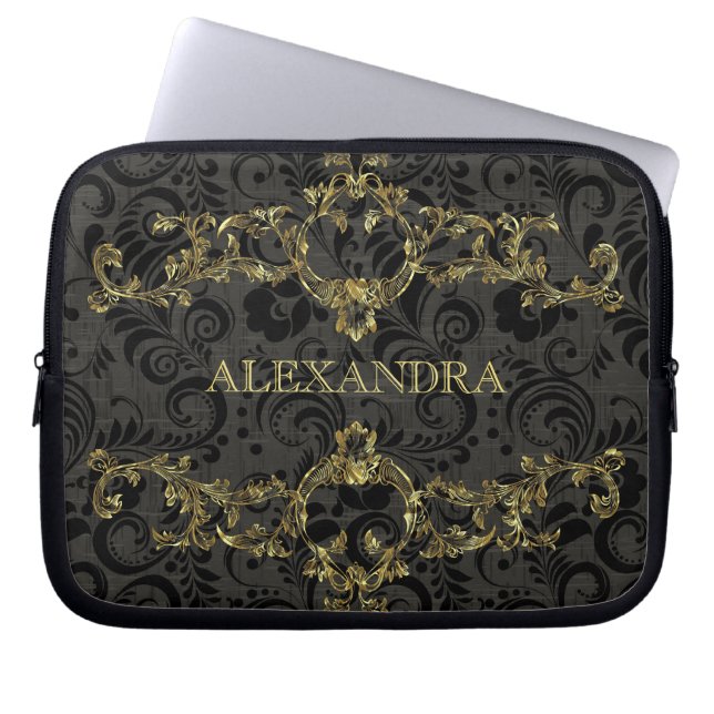 Barock-Verziert-Goldmuster-Optionales Monogramm Laptopschutzhülle (Vorderseite)