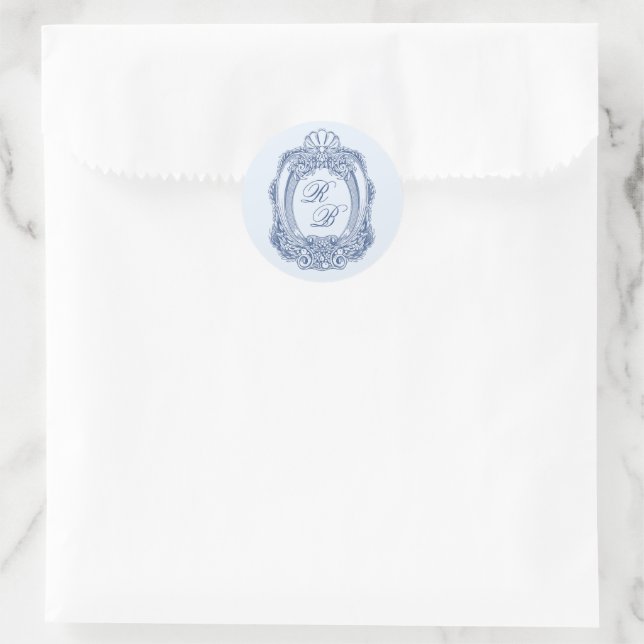 Barock Wappen Französisch Blue Initials Wedding Runder Aufkleber (Tasche)