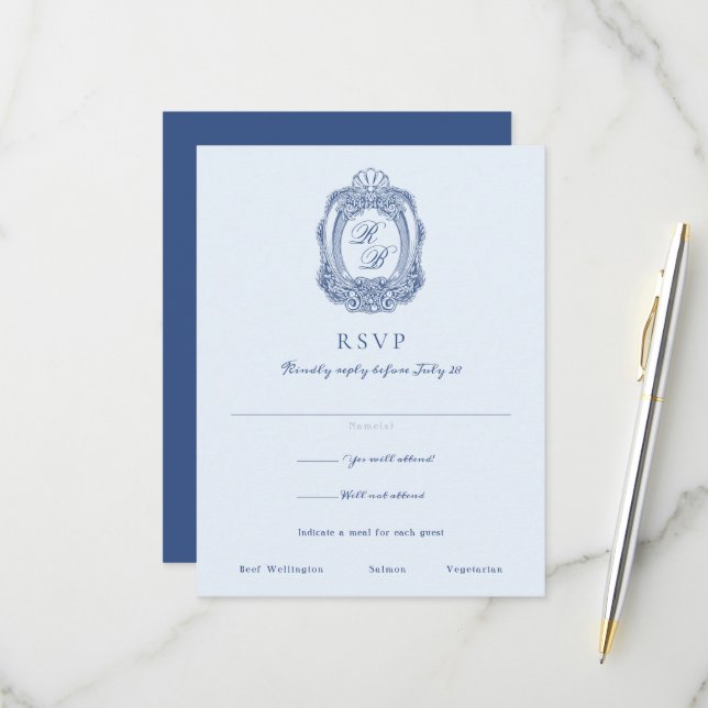 Barock Wappen French Blue Wedding RSVP Karte (Vorderseite/Rückseite Beispiel)