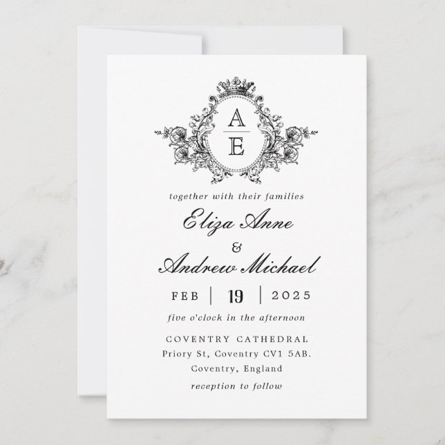 Barock Wappen Monogram Black and White Wedding Einladung (Vorderseite)