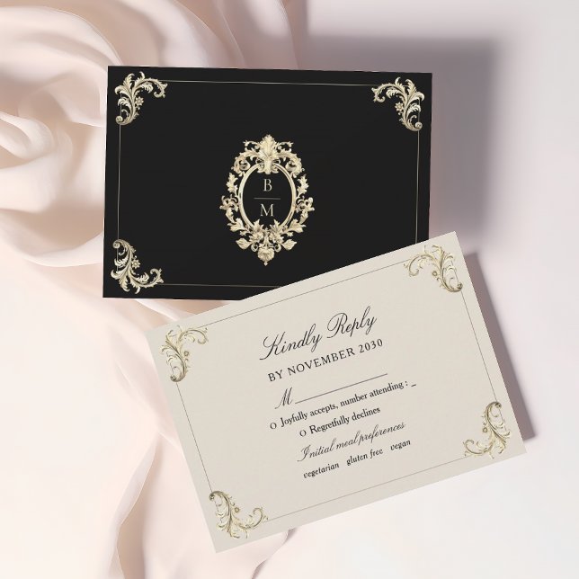 Barocke Black Gold Hochzeit RSVP Karte (Von Creator hochgeladen)