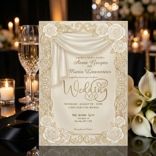 Barocke Creme-Rosen-Faux-Goldfolie-Diamant-Hochzei Einladung