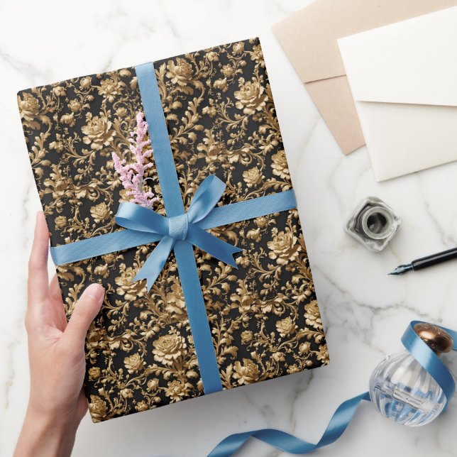 Barocke Elegante: Schwarze und goldene Blume Geschenkpapier (Schenken)