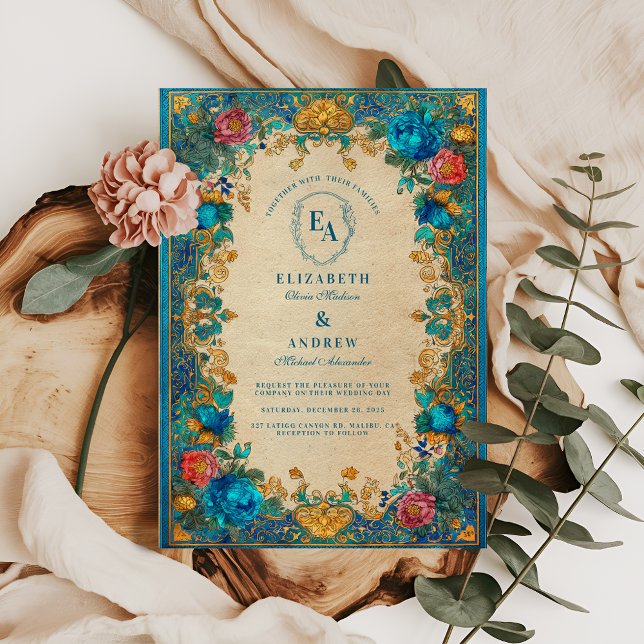 Barocke, florale und Aquamarine Musterhochzeit Einladung (Von Creator hochgeladen)