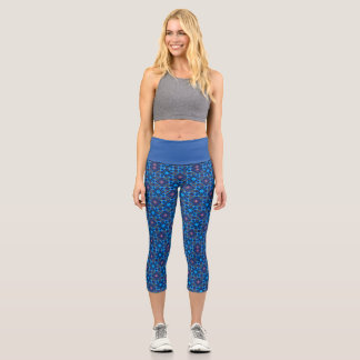 Barocke Linienblüten Blau Capri Leggings