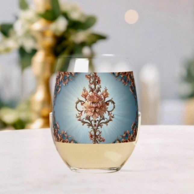 Barocke Rose Weinglas Ohne Stiel (Baroque Rose Stemless Wine Glass Dimensions: 4.25” height x 3.375” diameter 16 oz capacity. 
)
