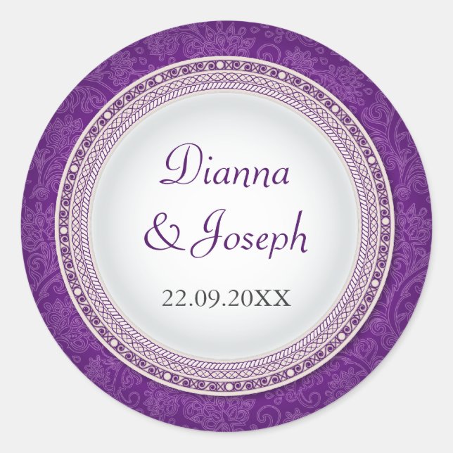 Barocke Violet Plaque Hochzeitsticker Runder Aufkleber (Vorderseite)