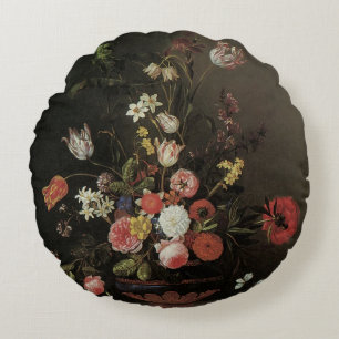 Barockes florales Stillleben Blumen in Vase Rundes Kissen