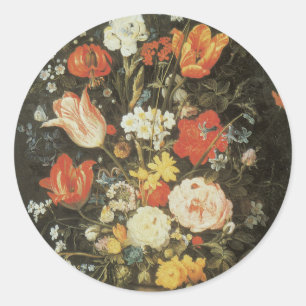 Barockes Stillleben Blumen in einer Metallvase Runder Aufkleber