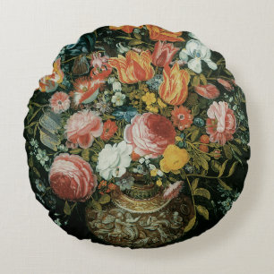 Barockes Stillleben Blumen in einer Vase Rundes Kissen