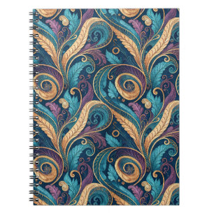 Barockes Türkis-Gold- und Violett-Wirbel-Blumenmus Notizblock