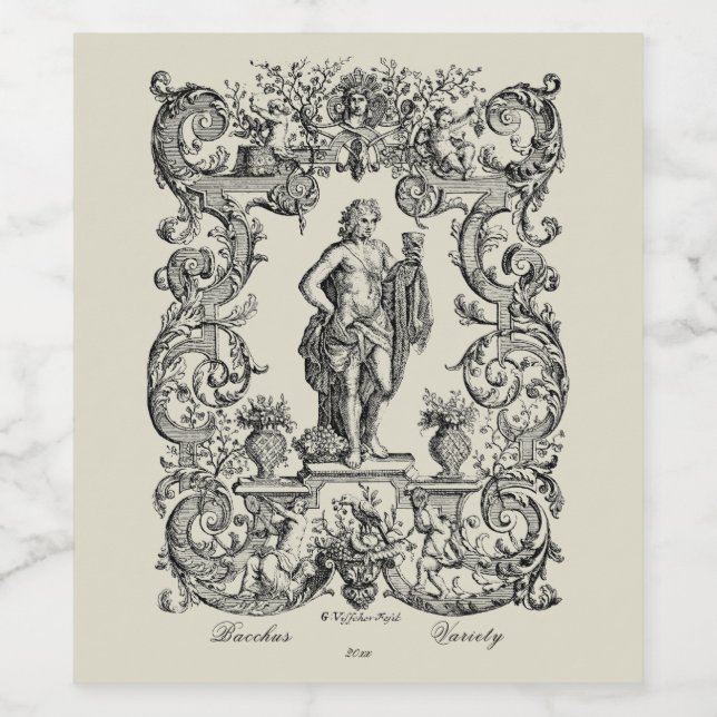 Barockischer Rokoko Bacchus Weinblatt Weinetikett (Einzelnes Label)