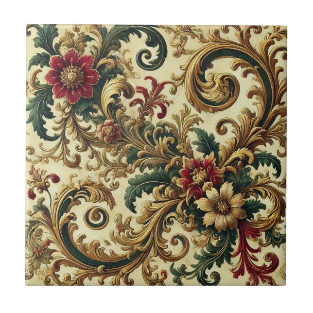Barockmuster mit Gold, Rot, Grün A Fliese (Vorderseite)