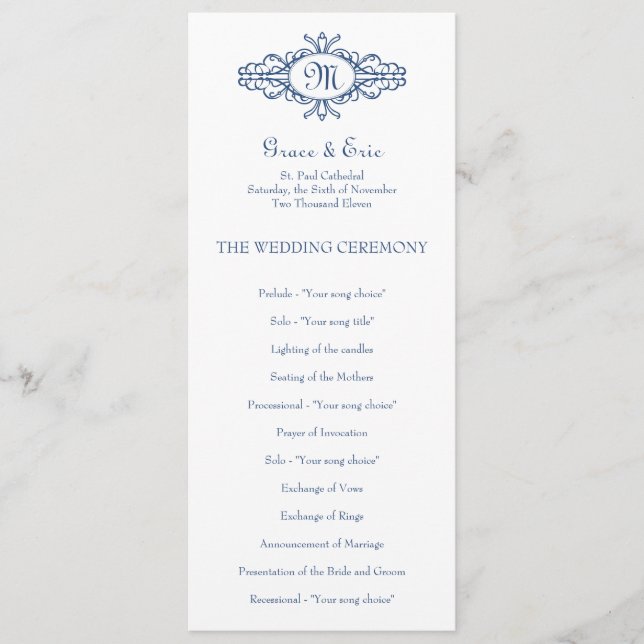 Barockrahmen Monogramm blaues Hochzeitsprogramm Programm (Vorderseite)