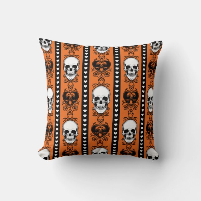Barockschädel Muster Orange Schwarz Streifen Kissen (Vorderseite)