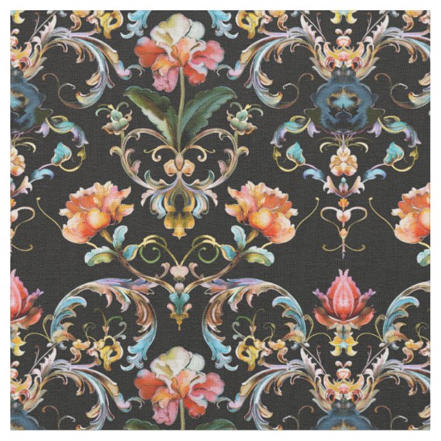 Barockschwarzer floraler Damast Stoff (Nahaufnahme)