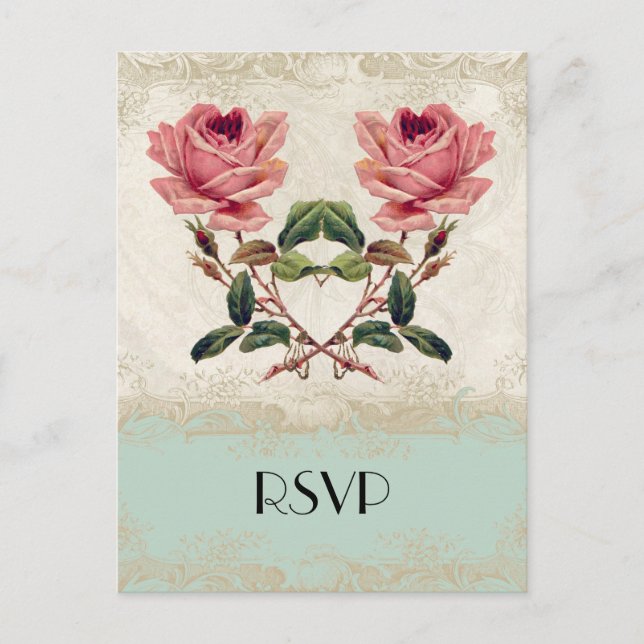 Barockstil Vintage Rose Minze n Cream Lace Einladungspostkarte (Vorderseite)