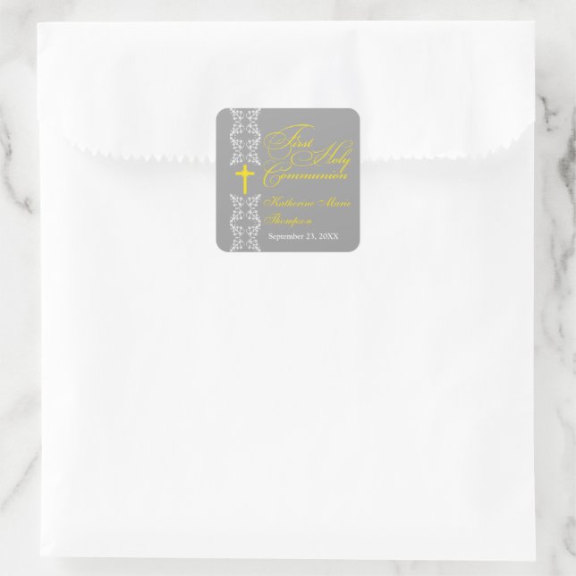Barockstreifen Grau Erste Heilige Kommune Quadratischer Aufkleber (Tasche)