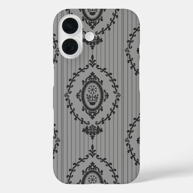 Barocktapete Grau iPhone 16 Hülle (Rückseite)