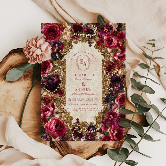 Baroque Berry und Burgund Blumenhochzeit Einladung (Von Creator hochgeladen)