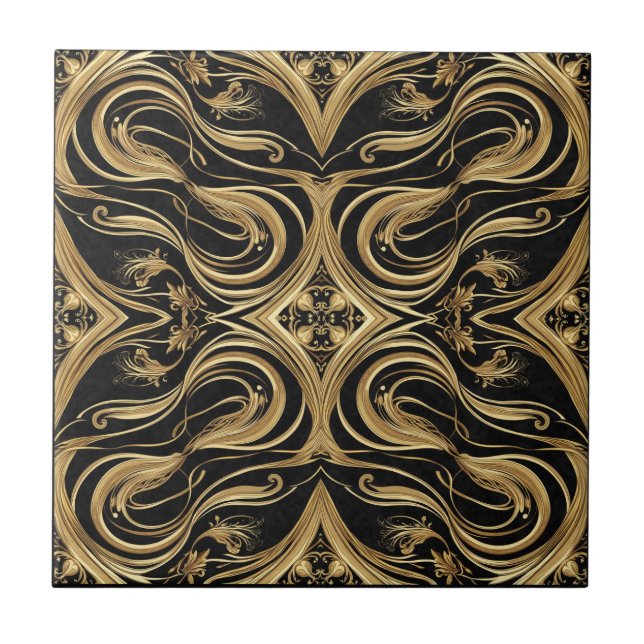 Baroque Black and Gold Swirling Ornate Pattern Fliese (Vorderseite)