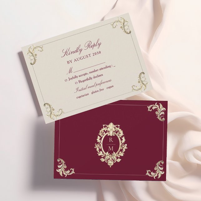 Baroque Burgundy Gold Wedding RSVP Karte (Von Creator hochgeladen)